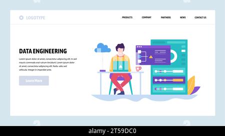 Vector web site design template. Software development, coder work behind laptop. Landing page concepts for website and mobile development. Modern flat Stock Vector