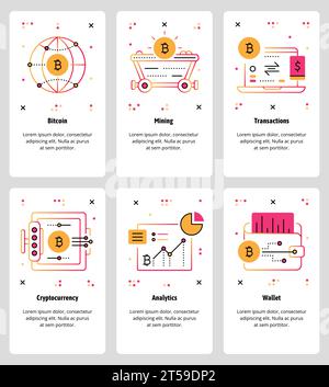 Vector set of mobile app onboarding screens. Bitcoin, Mining, Transactions, Cryptocurrency, Analytics, Wallet web templates and banners. Thin line art Stock Vector