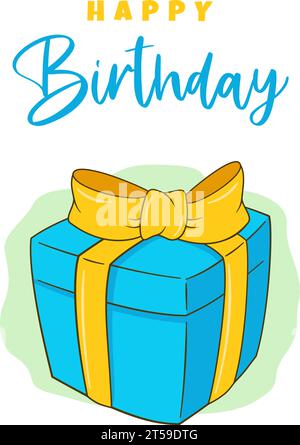 Birthday card. Happy Birthday lettering and blue gift box Stock Vector