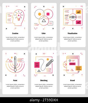 Vector set of mobile app onboarding screens. Creative, Color, Visualization, Paint, Sketching, Brand web templates and banners. Thin line art style de Stock Vector