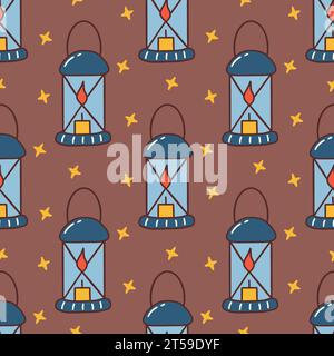 Seamless pattern with blue Scandinavian lantern with burning candle and stars. Colorful vector illustration hand drawn doodle. Cozy flashlight vintage Stock Vector