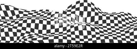 Waved checkered pattern background in y2k style. Warped texture with black and white squares. Undulate chessboard, race flag, textile plaid, tile Stock Vector