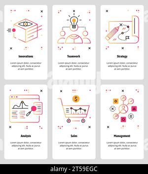 Vector set of mobile app onboarding screens. Innovations, Teamwork, Strategy, Analysis, Sales, Management web templates and banners. Thin line art sty Stock Vector
