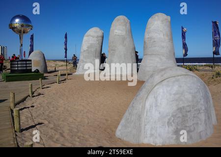 Punta del Este, Uruguay , 27th October 2023, Copa Sudamericana trophy on display in one of Punta del Este's iconic venues, La Mano at Playa Brava (Pho Stock Photo