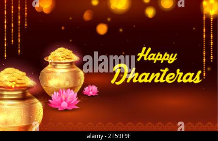 illustration of Gold coin in pot for Dhantera celebration on Happy Diwali light festival of India background Stock Vector