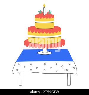 Hand drawn birthday cake with candles on the table with tablecloth. Sweet food, dessert. Symbol of festive event. Color flat vector illustration isola Stock Vector