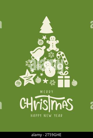 Merry Christmas and Happy New Year lettering with christmas tree made of christmas decorations. Christmas card concept Stock Vector