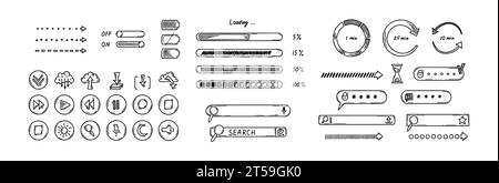 Doodle interface design elements. Click icons collection. Sketch loading bars, search boxes, on off switch, password window, battery charger level Stock Vector