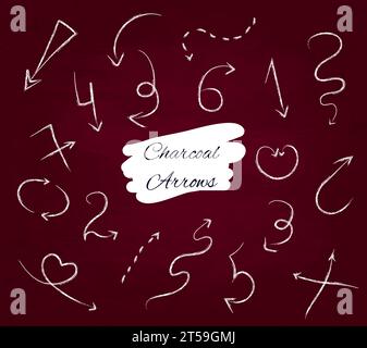 Charcoal arrows on a red background.  Direction pointers. A group of chalked arrows, number arrows.  Set of chalked arrows. Isolated vector illustrati Stock Vector