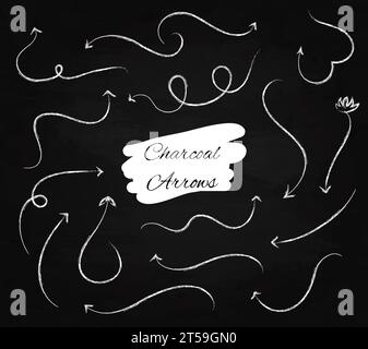 Set of various charcoal arrows.  Direction pointers, a group of chalked arrows. Arrows on a black chalkboard. Isolated vector illustration. Stock Vector