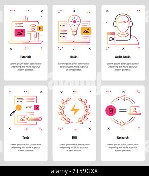 Vector set of mobile app onboarding screens. Tutorials, Books, Audio Books, Tools, Skill, Research web templates and banners. Thin line art style desi Stock Vector