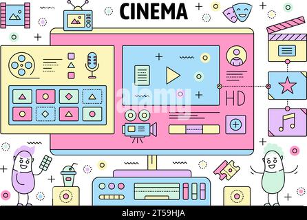 Cinema poster banner template. Vector thin line art flat style design elements, symbols, icons for website banners and printed materials. Stock Vector