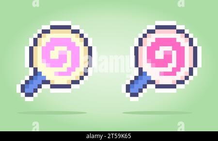 8 bit pixels lollipop. Food icon for game assets and cross stitch patterns in vector illustrations. Stock Vector