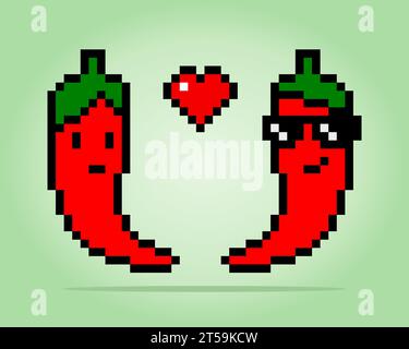 8 bit pixels a chili pair falling love. Vegetable icon for game assets and cross stitch patterns in vector illustrations. Stock Vector