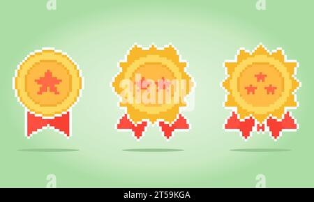8 bit pixel a rank icon. Golden Medal for game assets and cross stitch patterns in vector illustrations. Stock Vector