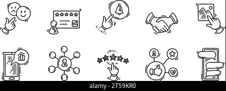 Doodle customer review and testimonial icons. Positive and negative experience feedback. Five star rating. Notifications on. Follow in social media. S Stock Vector