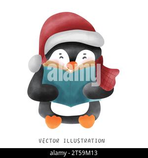Cozy Christmas Penguin Reading a Book Watercolor Festive Illustration Stock Vector