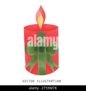 Artistic Watercolor Illustration of a Red Candle Tied with Green Ribbon for Christmas Decorations Stock Vector