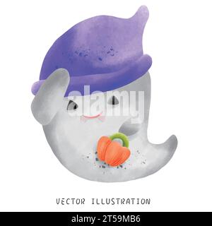 Celebrate the spooky season with this cute watercolor Halloween ghost holding a pumpkin bucket. Perfect for trick or treating fun Vibrant charming, an Stock Vector