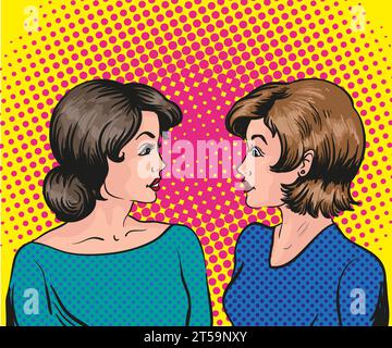 Pop art retro comic vector illustration. Two woman talk to each other. Stock Vector