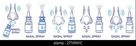 Nasal spray medicine runny nose, allergy rhinitis disease medical treatment line icon set. Pharmacy bottle. Flu, sinusitis. Breath organ health vector Stock Vector