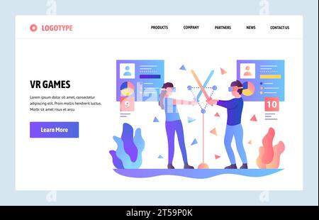 Vector web site gradient design template. Virtual VR and augmented reality games and applications. Landing page concepts for website and mobile develo Stock Vector