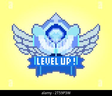 8 bit pixel level-up. Show fonts for game assets and Cross Stitch patterns in vector illustrations. Stock Vector