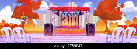 Music festival stage in autumn park. Vector cartoon illustration of platform with spotlights and loudspeakers, chairs ready for audience, yellow leaves from trees flying in air, city background Stock Vector