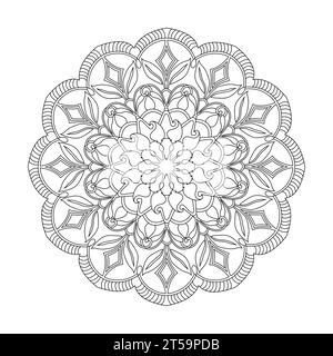 Adult spiritual tranquillity mandala colouring book page for KDP book interior. Peaceful Petals, Ability to Relax, Brain Experiences, Harmonious Haven, Stock Vector