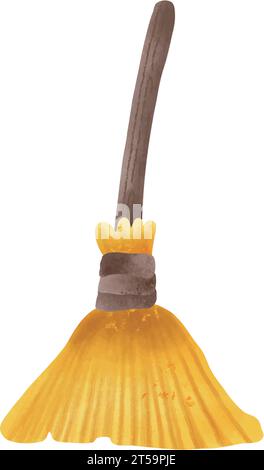 Mystical Halloween Witch on a Wooden Yellow Broom in Enchanted Watercolor Style Stock Vector