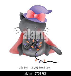 Capture the enchantment of Halloween with this delightful watercolor artwork. A cute black cat, wearing a red cape, playfully interacts with a string Stock Vector