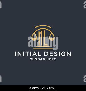 ML initial with scale of justice logo design template, luxury law and attorney logo design ideas, vector graphic Stock Vector