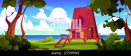 Wooden cottage near lake on nature landscape with green trees. Hut or small villa for summer vacation on sea cost, cartoon vector illustration. Shack house with beautiful view Stock Vector