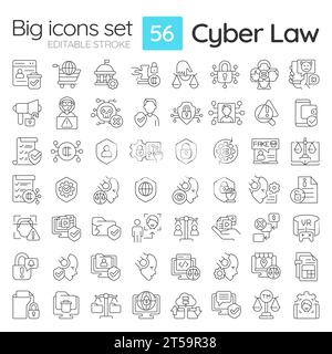 Customizable black big linear icons set for cyber law Stock Vector