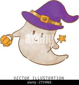 Halloween Watercolor Cute Ghost in Purple Hat Holding Pumpkin Bucket Stock Vector