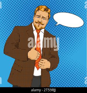Vector illustration of man, businessman with thumb up hand sign in retro pop art comic style. Gesture of approval. Speech bubble. Stock Vector