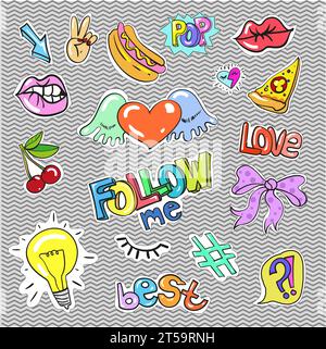 Vector set of vintage pop art comic badges, patches, stickers and speech bubbles, fashion phrases and expressions Love, Best, Follow me, Pop. Stock Vector