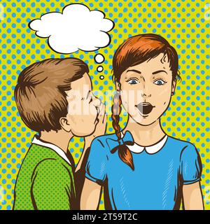 Pop art retro comic vector illustration. Kid whispering gossip or secret to his friend. Children talk to each other. Speech bubble. Stock Vector
