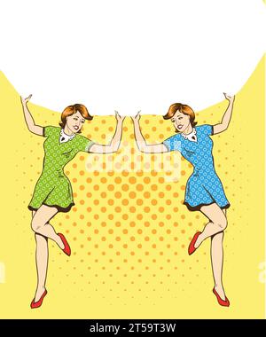 Two woman hold blank white paper poster. Pop art comic retro style vector illustration. Put your own text template. Stock Vector