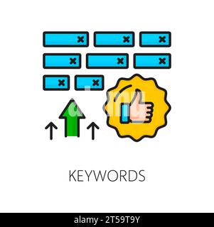 Keywords. SEM. Search engine marketing. Web search engine technology, marketing campaign or social media ads service icon, SEO performance outline vector sign, SEM analytics color linear pictogram Stock Vector