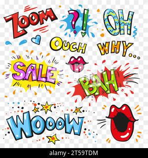 Vector vintage pop art patches set with lips, hearts and speech bubbles with fashion phrases and expressions Zoom, Oh, Why, Bah, Sale, Wooow. Comic st Stock Vector