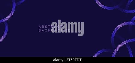 Glowing purple circles background. Abstract neon round pattern. Dark blue geometric curved lines design for cover, poster, banner, brochure, flyer, booklet, presentation, card. Vector wallpaper Stock Vector