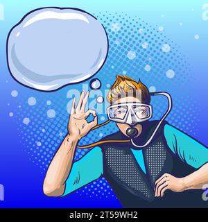 Vector illustration of swimming underwater man in scuba diving equipment showing ok hand sign. Diver male in retro pop art comic style. Stock Vector