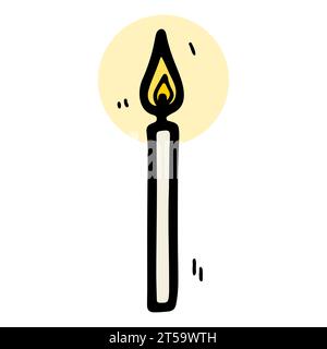 Cute doodle burning long candle. Hand-drawn color decor isolated on white background. Holiday, Valentines Day, Birthday, Christmas, spa, church, Hallo Stock Vector