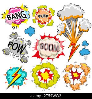 Vector vintage pop art speech and explosion bubble set with fashion phrases and expressions Bang, Boom, Pow, Puff. Comic book sound effects. Stock Vector
