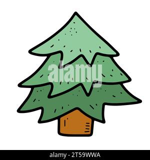 Vector cozy doodle Christmas tree. Hand drawn fir tree isolated on white background. Green Scandinavian coniferous tree. Happy New Year, Merry Christm Stock Vector