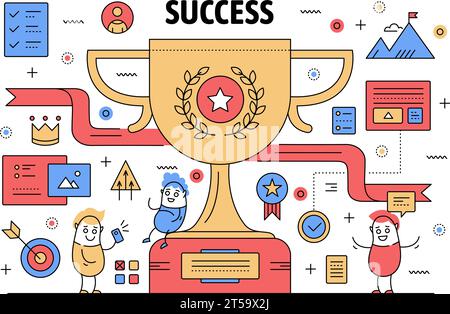 Business success poster banner template. Vector thin line art flat style design with office workers funny cartoon characters, business symbols, icons Stock Vector