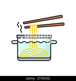 Noodles boiled in saucepan with chopstick, isolated asian cuisine food line icon. Vector boiling spaghetti in pan, water with noodles in glass pan Stock Vector