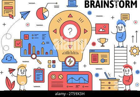 Brainstorm poster banner template. Vector thin line art flat style design with office workers funny cartoon characters, business symbols, icons for we Stock Vector