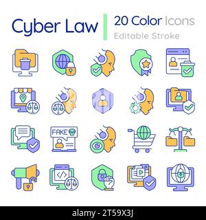 Customizable colorful line icons set for cyber law Stock Vector